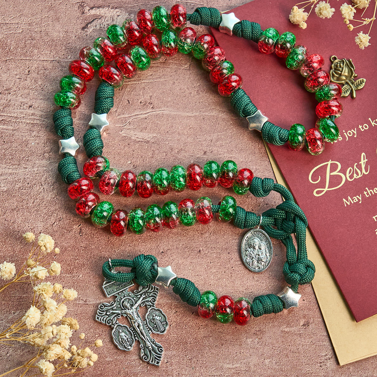 Holy Family Blessing Christmas Paracord Rosary with Glossy Red Green Beads