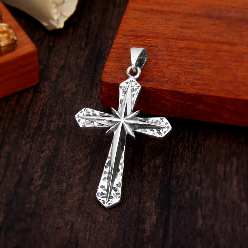 Gothic Inspired Sterling Cross Pendant Necklace with Carved Starburst