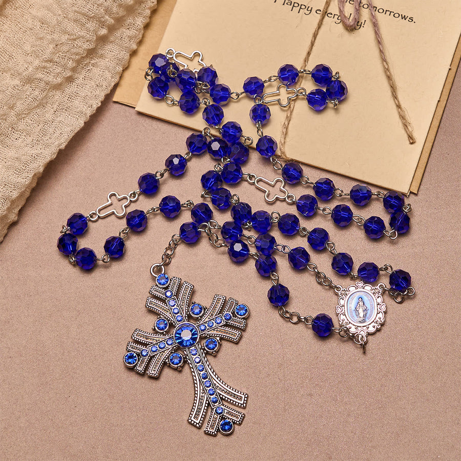 Miraculous Medal & Cross of 8 mm Polyhedron Blue Crystal Alloy Chain Rosary