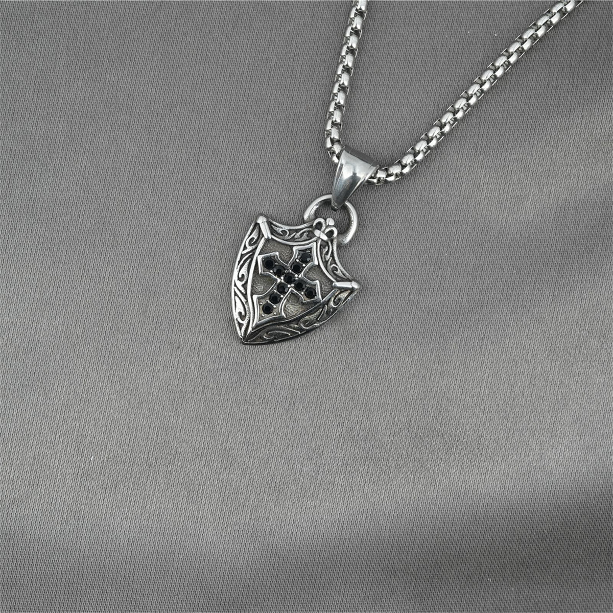 Ornate Shield - Shaped Crucifix Necklace with Black Zircons Inlays