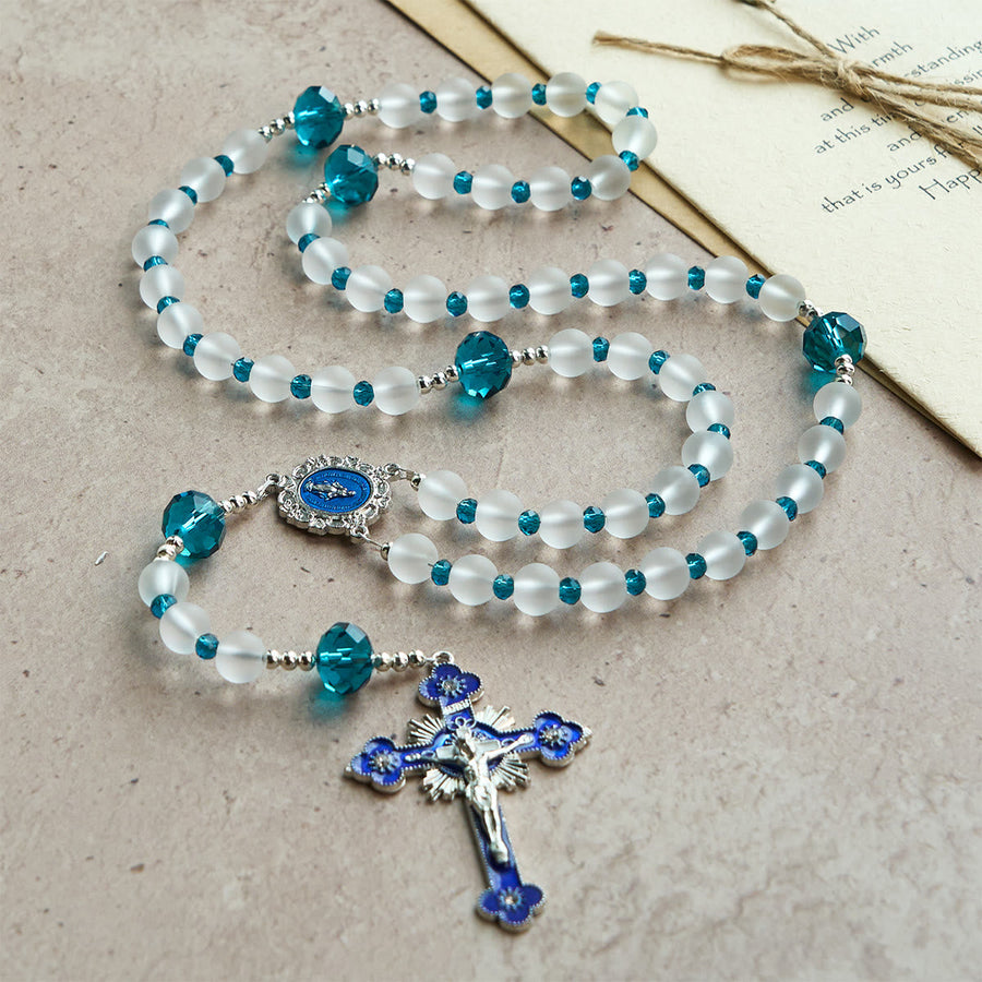 Ocean-Blue Style Frosted White Glass Rosary with Crucifix and Our Lady