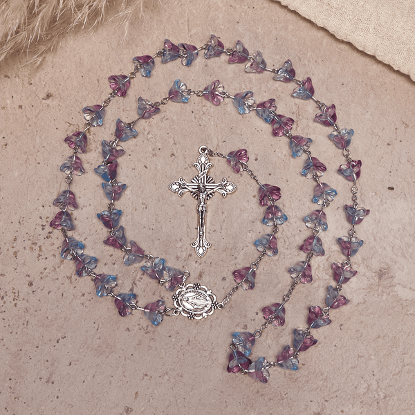 Pastel Bloom Lily-of-the-Valley Glass Rosary with Our Lady: Pure Marian grace