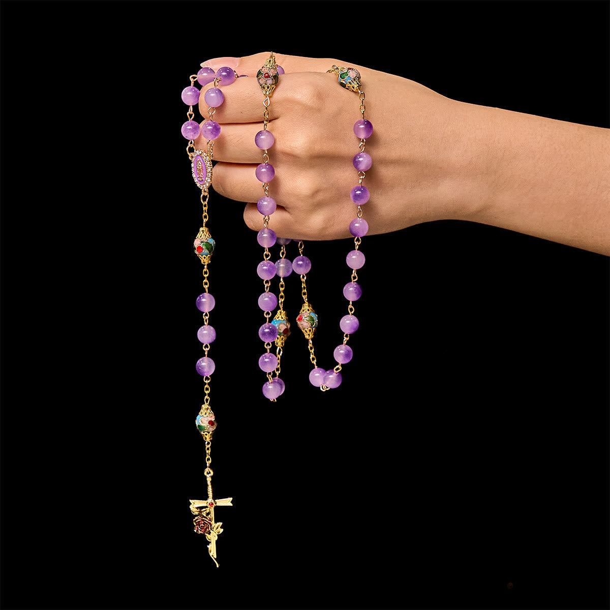 Thanksgiving Gift: Vintage-Style Purple Crystal & Cloisonné Rosary with Floral Cross and Marian Center