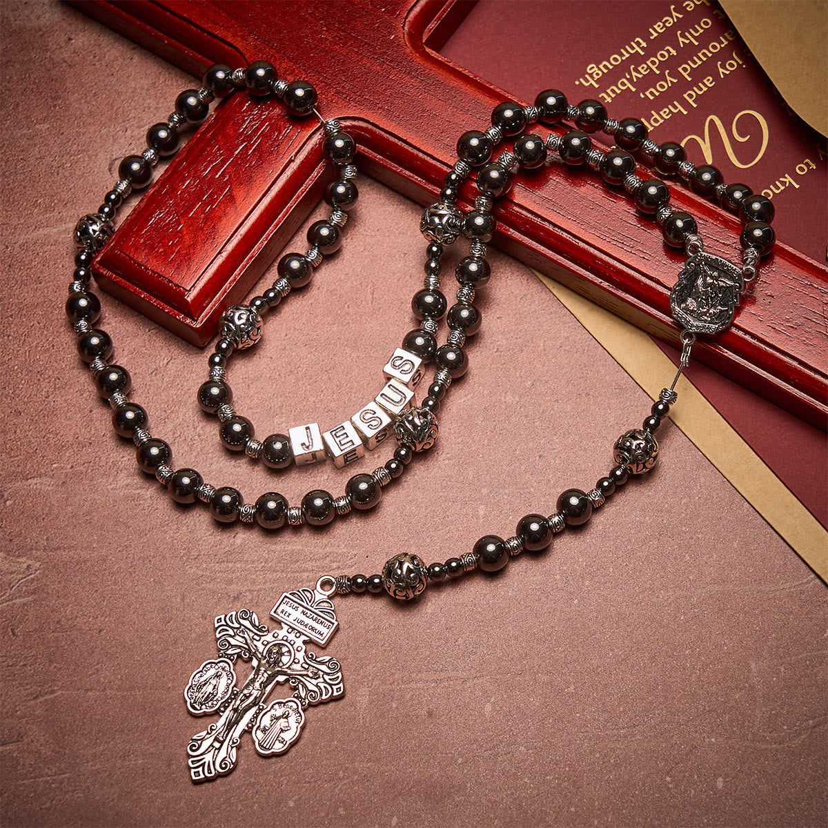 Black Agate Custom Rosary with Shield of St. Michael & Personalized JESUS