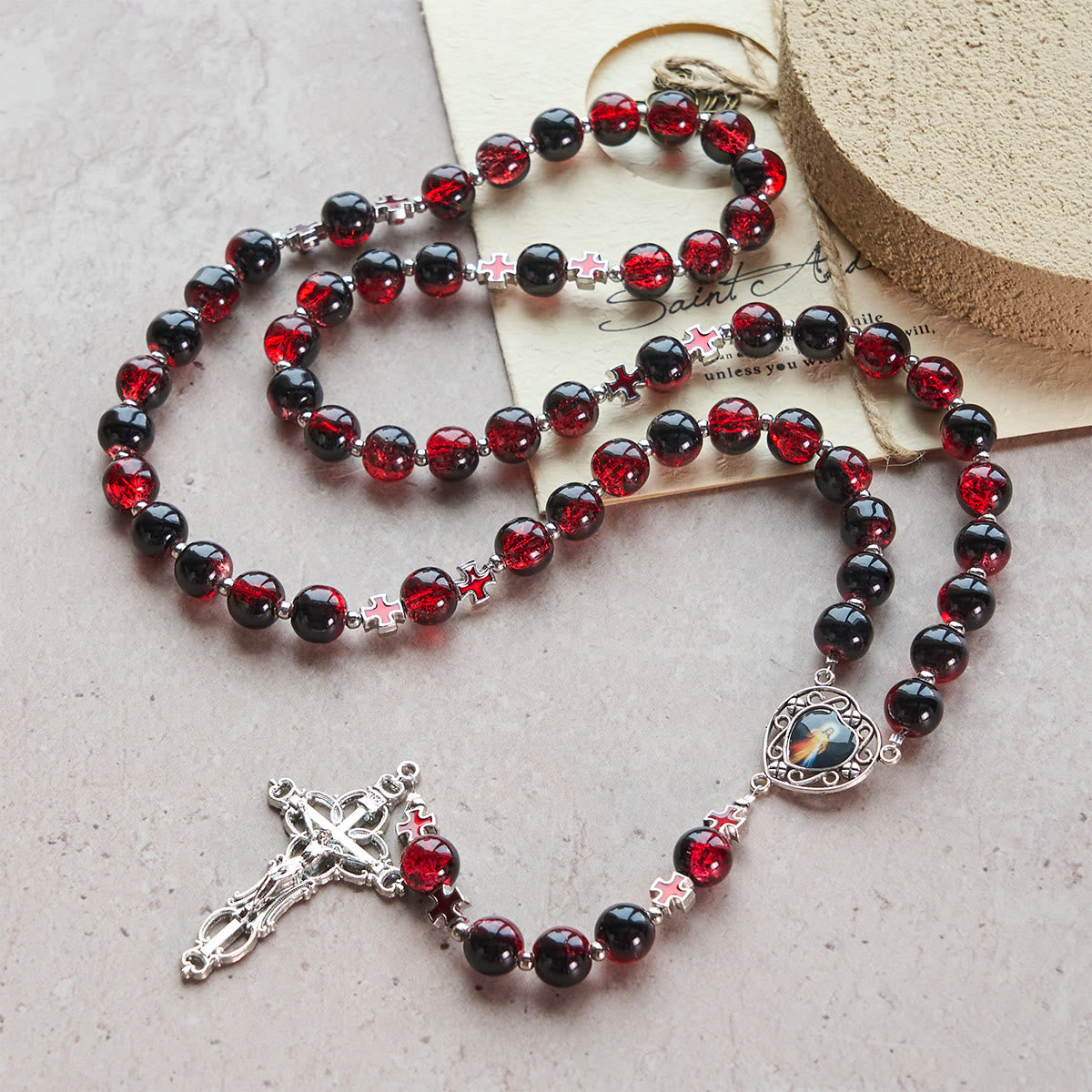 Divine Mercy Rosary in Black and Red Glass Beads Symbolizing Christ's Passion