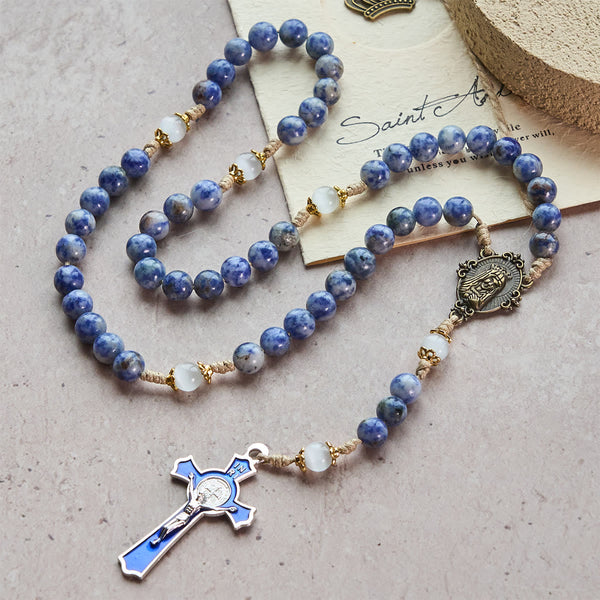 Immaculate Heart of Mary & Crucifix of 8 mm Round Blue Stone Nylon Cord Rosary