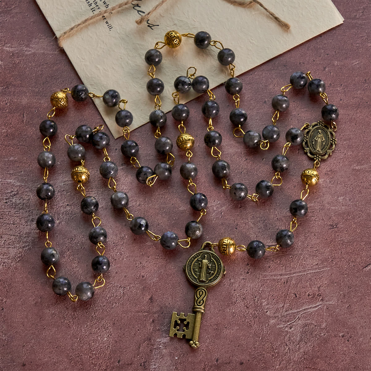 Miraculous Medal & Saint Benedict Key of 8 mm Round Black Stone Alloy Chain Rosary