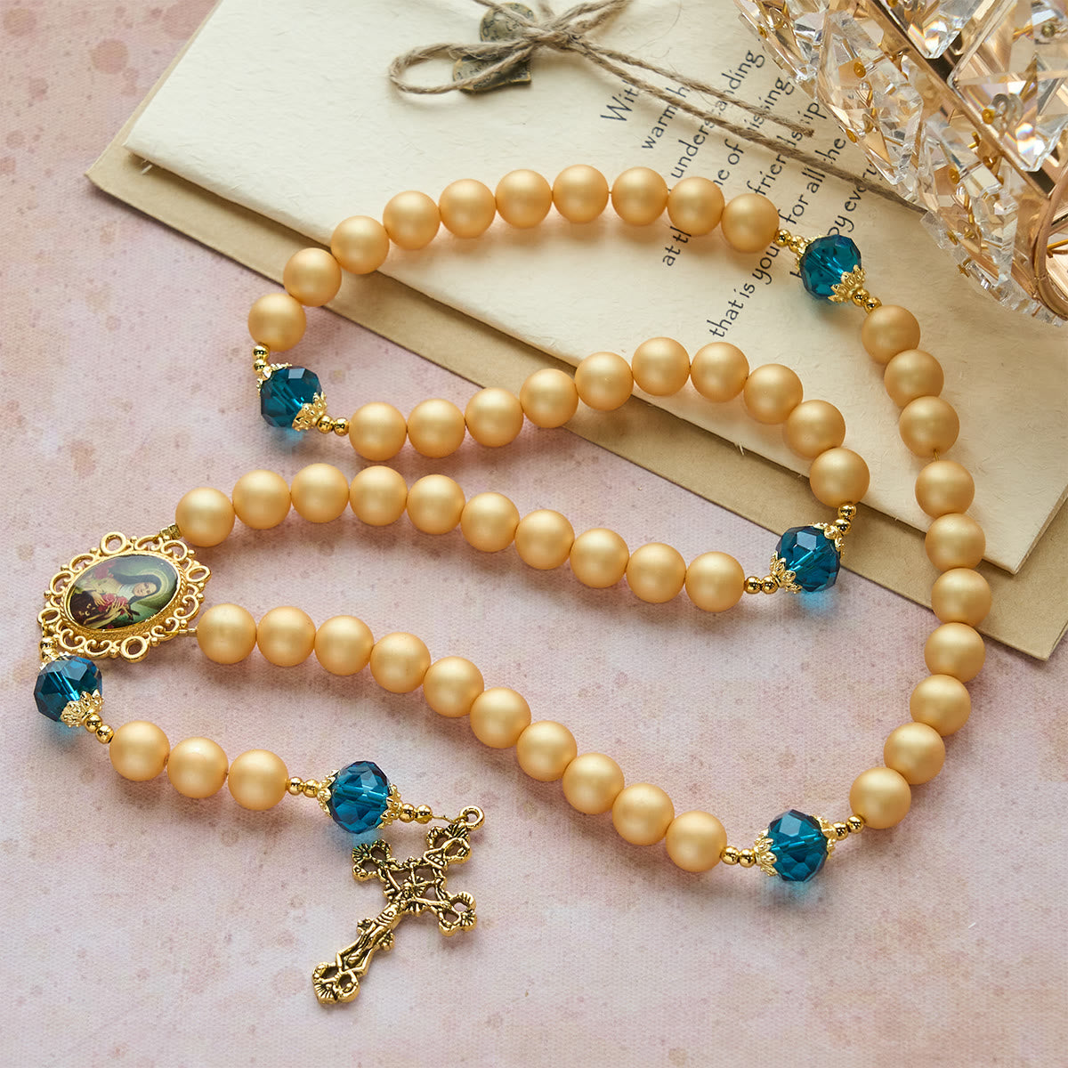 Elegant Matte Golden Pearl Rosary with St. Therese and Crucifix