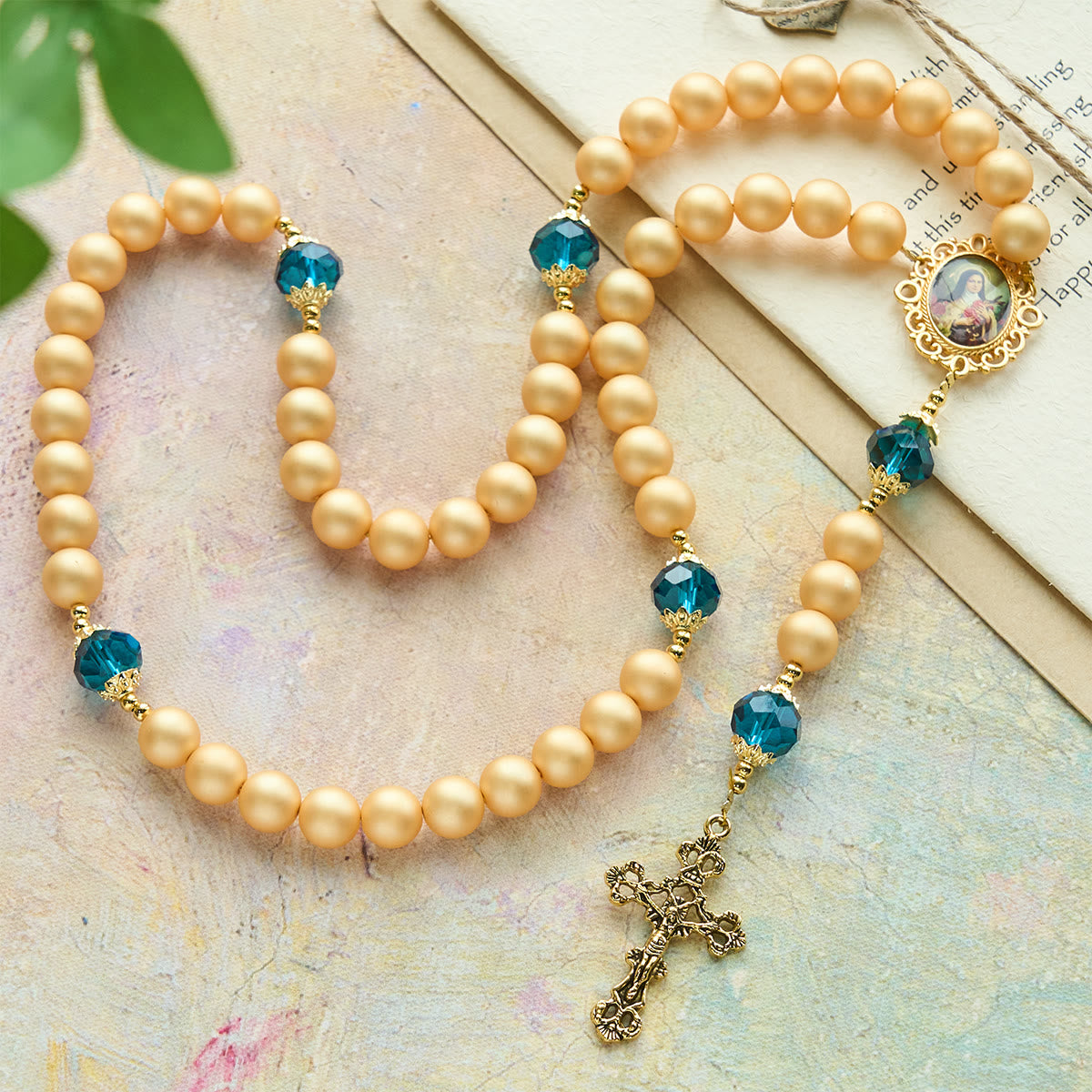 Elegant Matte Golden Pearl Rosary with St. Therese and Crucifix