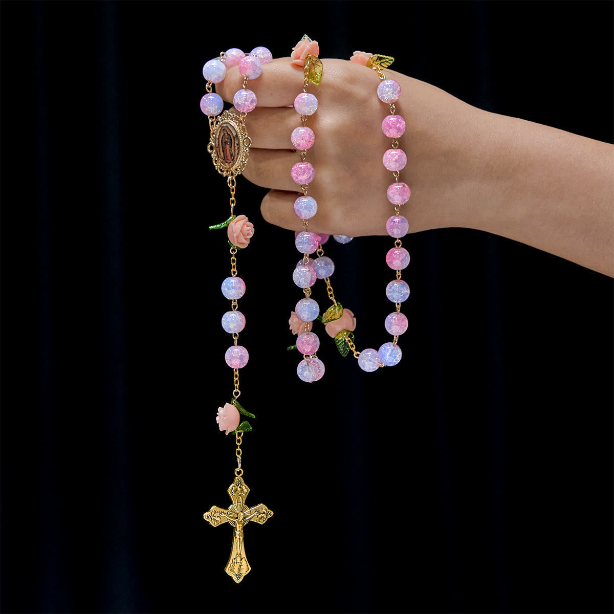 Virgin Mary with Rose-Accented Rosary: Timeless Faith & Floral Faith Symbol