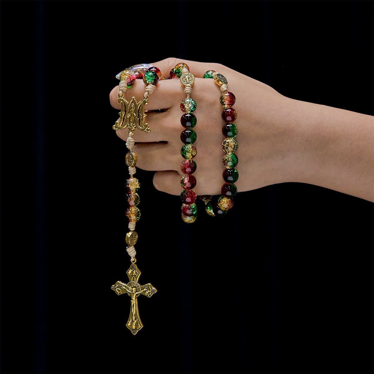 Christmas Glass Rosary with Cross: Faithful Celebration & Festive Luster