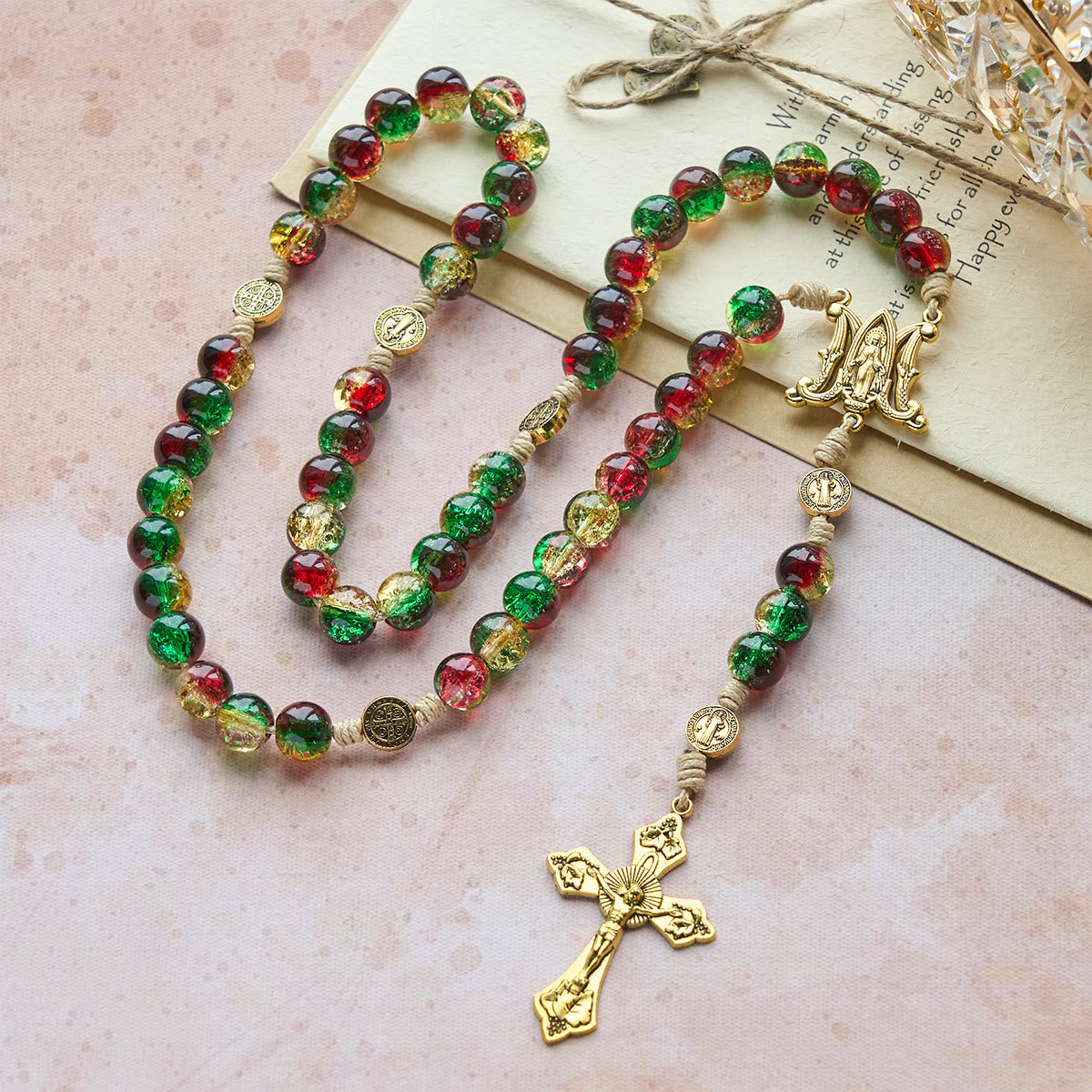 Christmas Glass Rosary with Cross: Faithful Celebration & Festive Luster