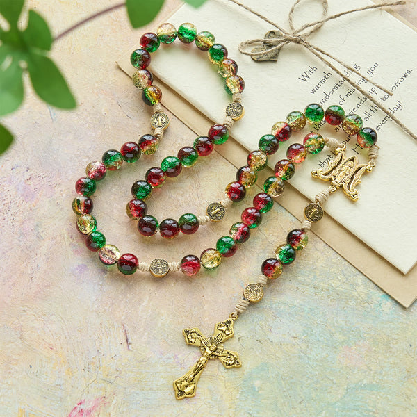 Christmas Glass Rosary with Cross: Faithful Celebration & Festive Luster