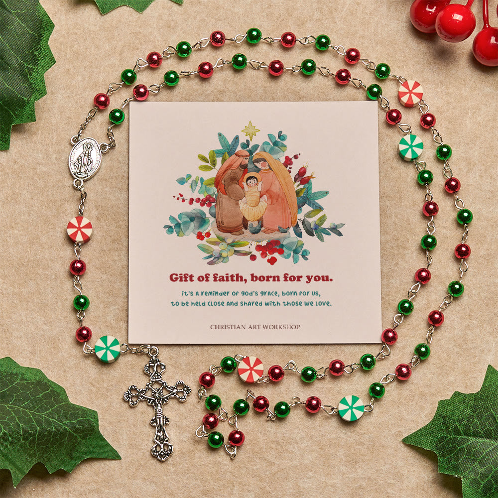 Christmas Gift: Festive Christmas Rosary: Red - Green Beads, Candy Shapes & Crucifix