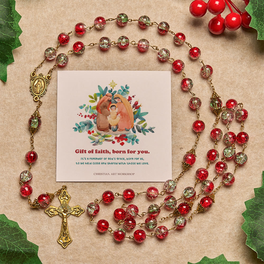 Christmas Gift: Christmas - Themed Red Bead Rosary with Golden Crucifix & Madonna Medal