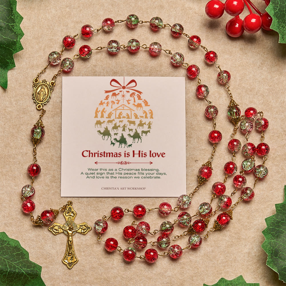 Christmas Gift: Christmas - Themed Red Bead Rosary with Golden Crucifix & Madonna Medal