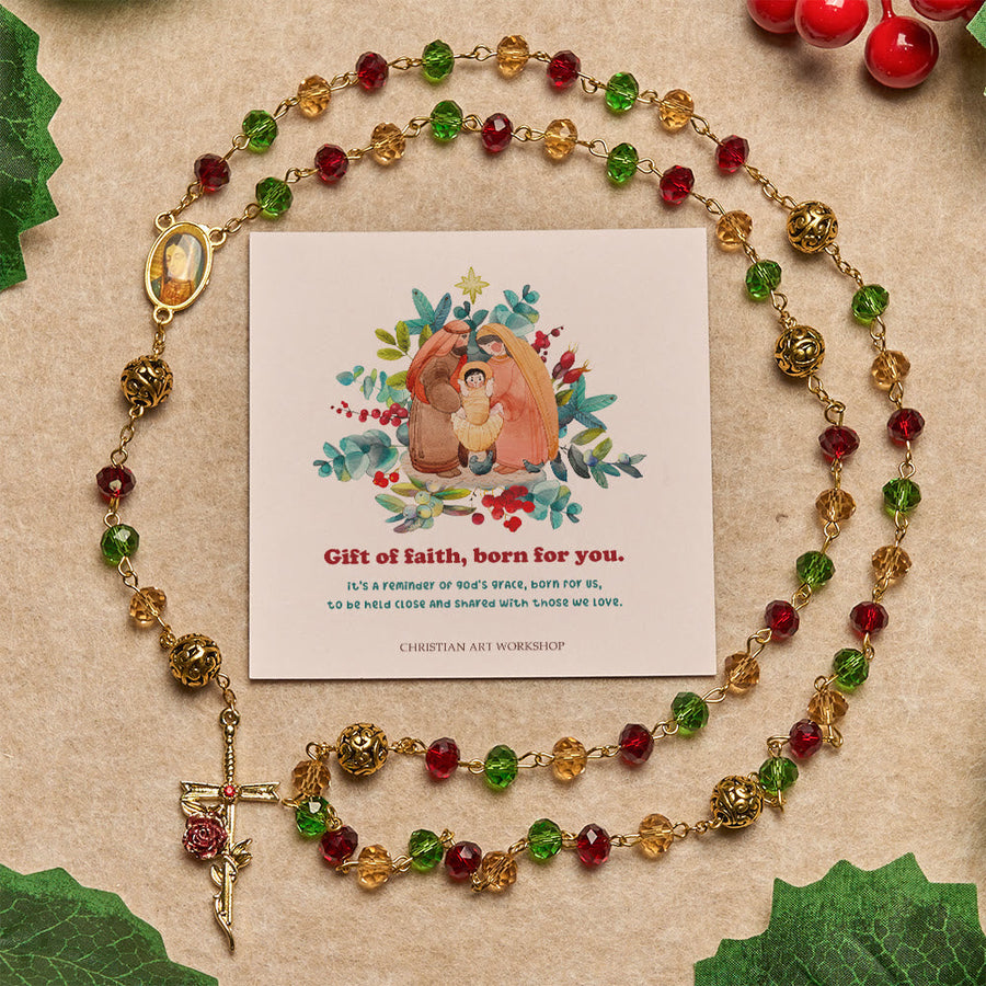 Christmas Gift: Vintage Red Green Faceted Beads Christmas Rosary with Our Lady & Rose Crucifix