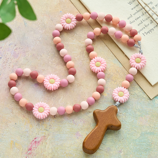 Children’s Silicone Pink Daisy Rosary with Wood Cross