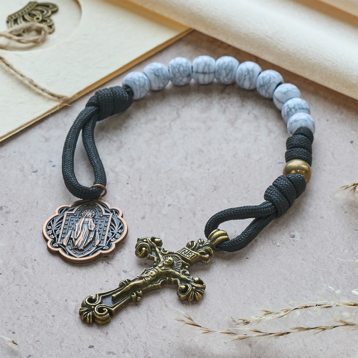 Matte White Crackle Beads Pocket Rosary with Brass Sacred Cross