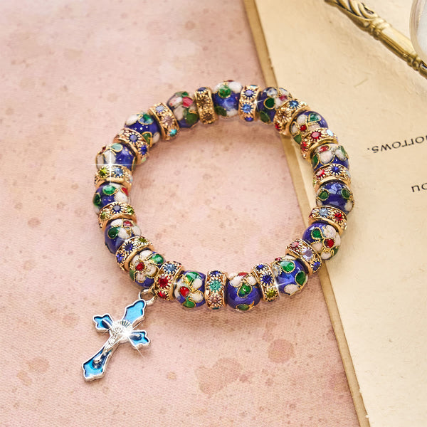Detailed Blue Cloisonné Bead Bracelet with Crucifix