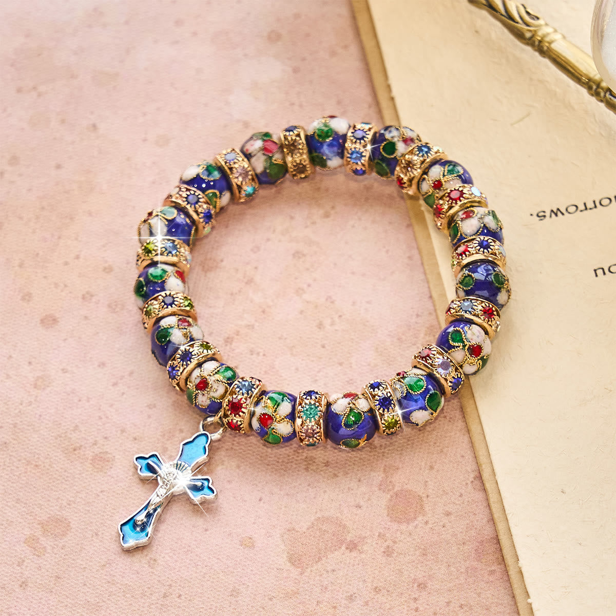 Detailed Blue Cloisonné Bead Bracelet with Crucifix