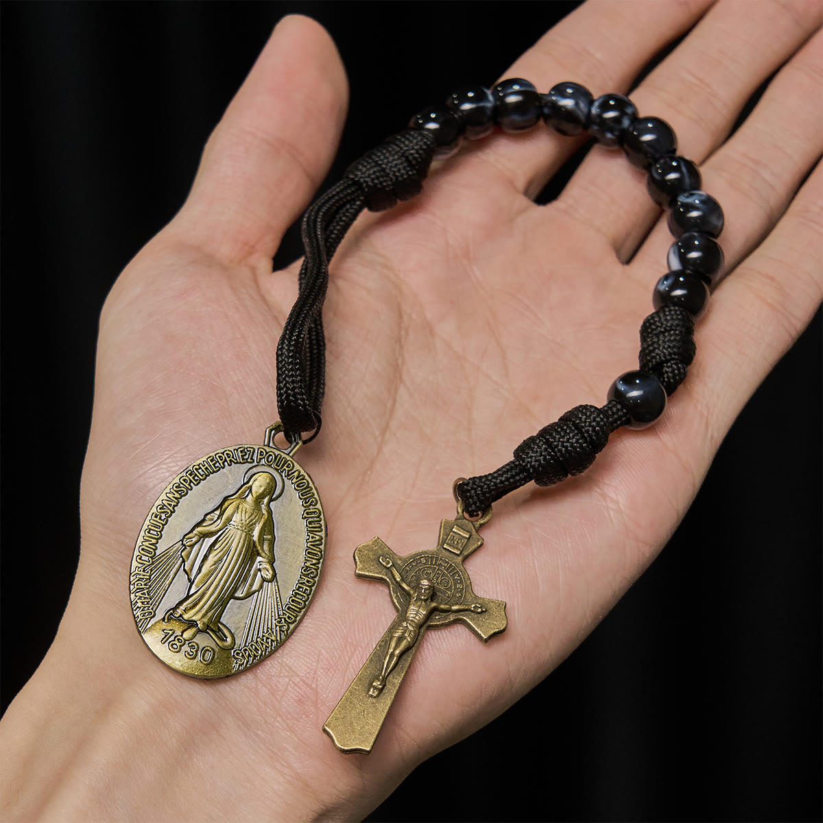 Classic Black Portable Faith Rosary with Bronze Our Lady with Crucifix