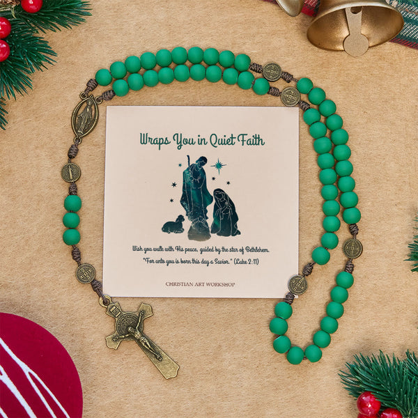 Christmas Gift: Matte Green Rubber Beads Rosary with St. Benedict Protection