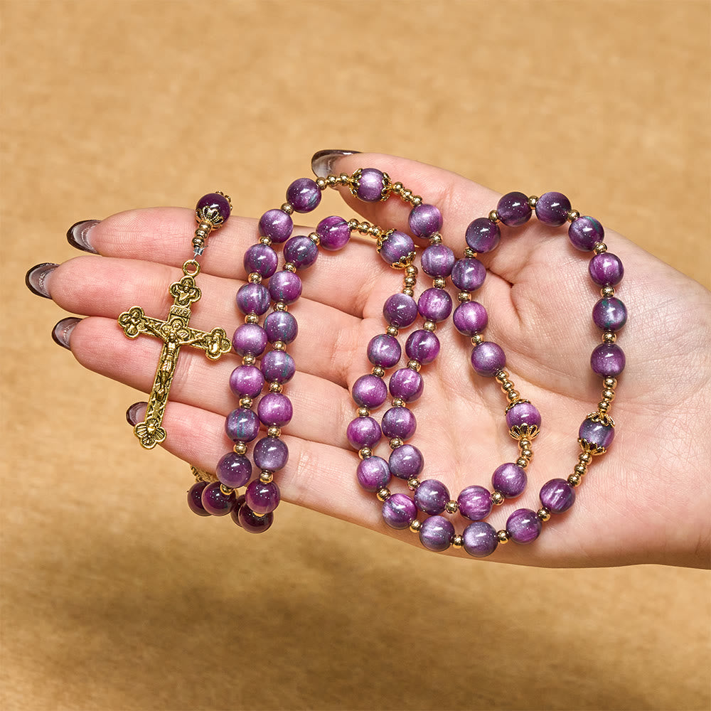 Canvas-Style Shimmery Purple Rosary with Our Lady: Gilded Faith Devotion