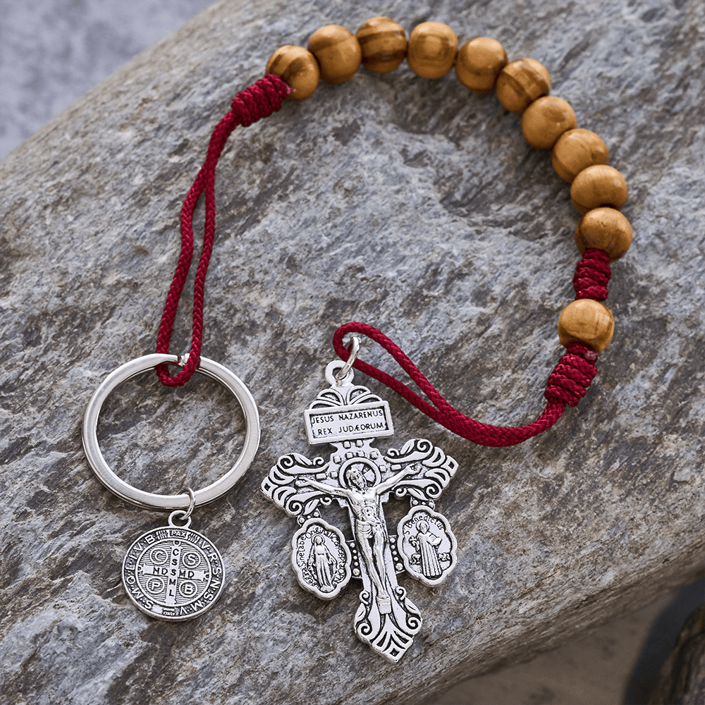 Crucifix & St. Benedict Medal Wood Pocket Rosary: Soft Prompt of Peace