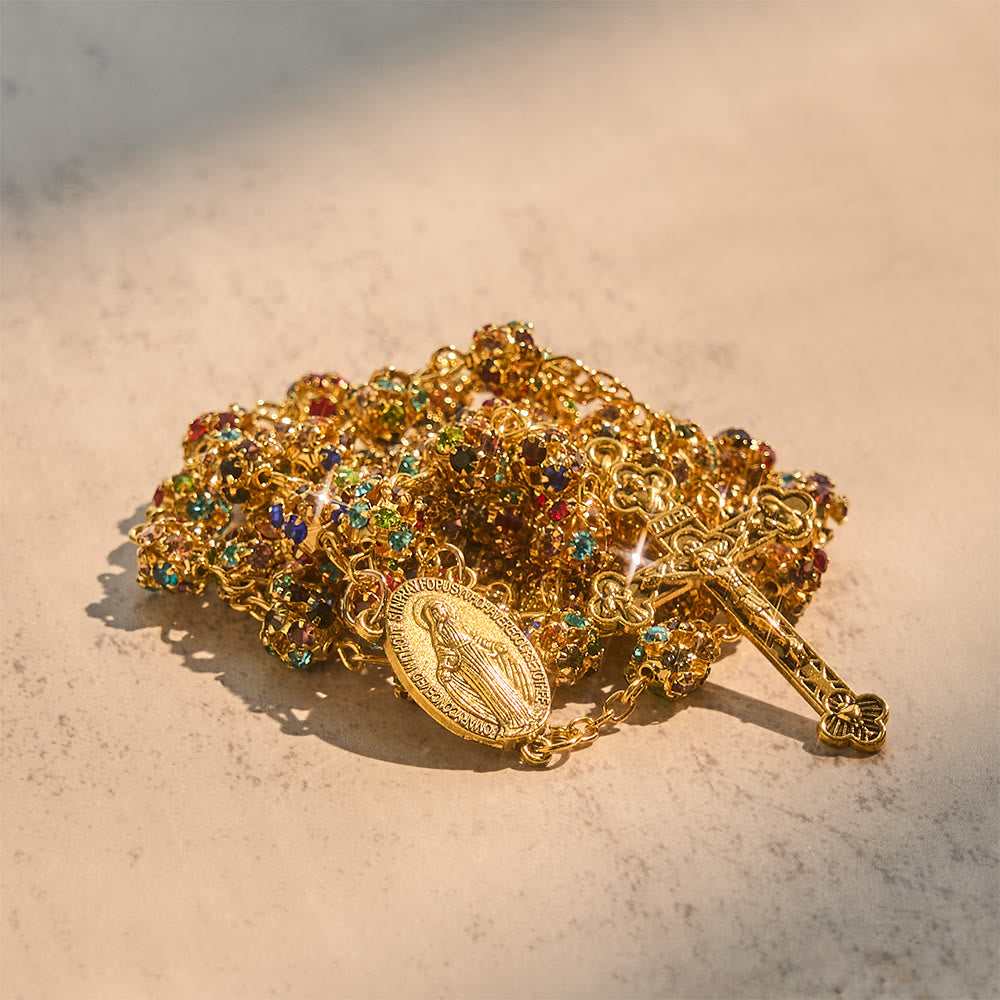 Luxurious Gilded Sparkling Rosary: Dazzling Multi-Color Beads & Our Lady Charm