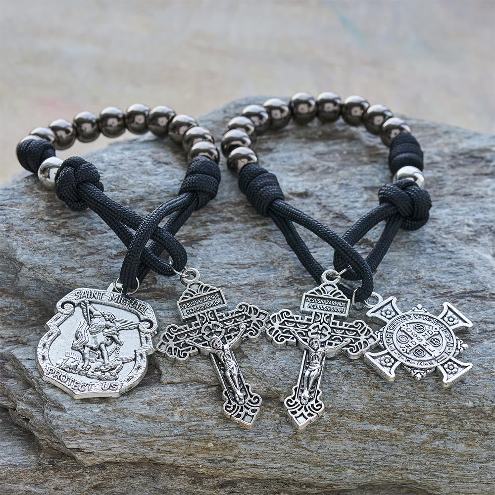Dual Use Car Pendant & Pocket Rosary with St. Michael & Benedict Guardian Shield and Evil Repelling Grace