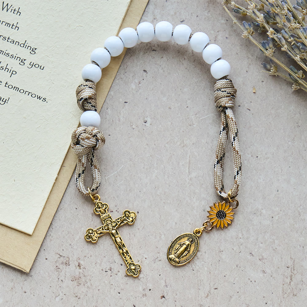 Twofold Blessing Pocket Rosary: Sunflower and Blessed Mother for Car Mirror or Personal Carry