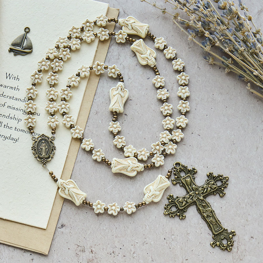 Vintage White Flower with Heavenly Angel Rosary: Devotion with Angelic Guardians