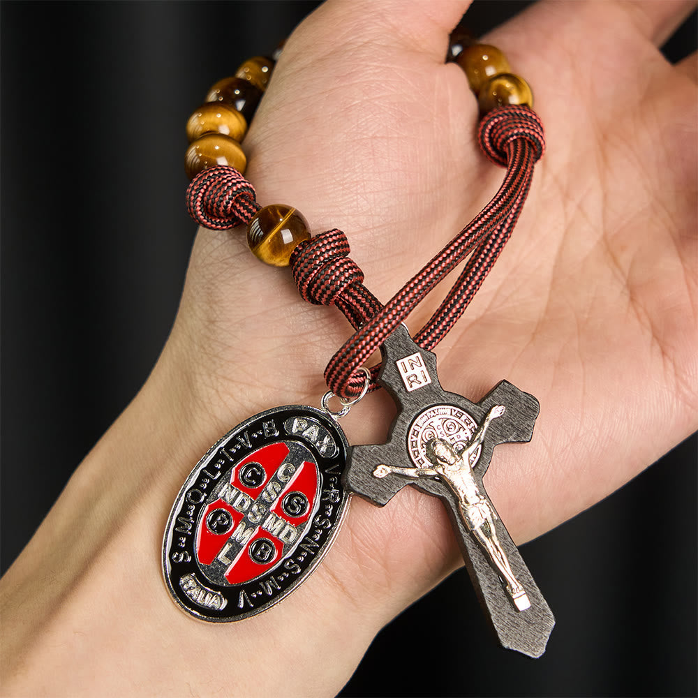 Tiger Eye Pocket Rosary with Courage & Protection: Blessed St. Benedict Exorcism Medal & Cross