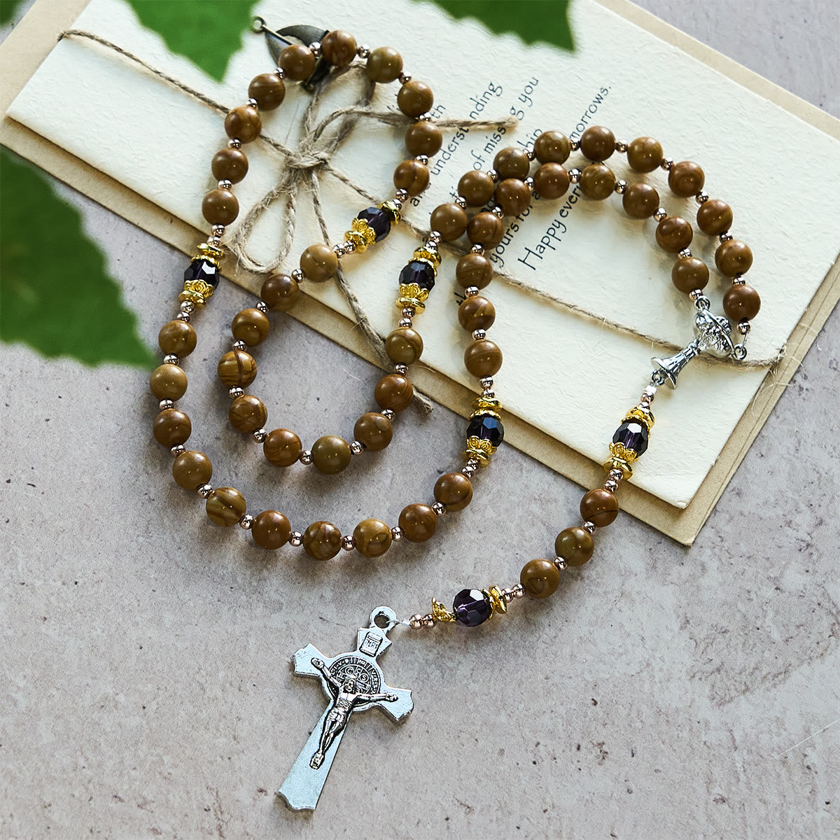 Natural Yellow Wood Grain Stone Rosary with Holy Grail Trijunction & Violet Accent