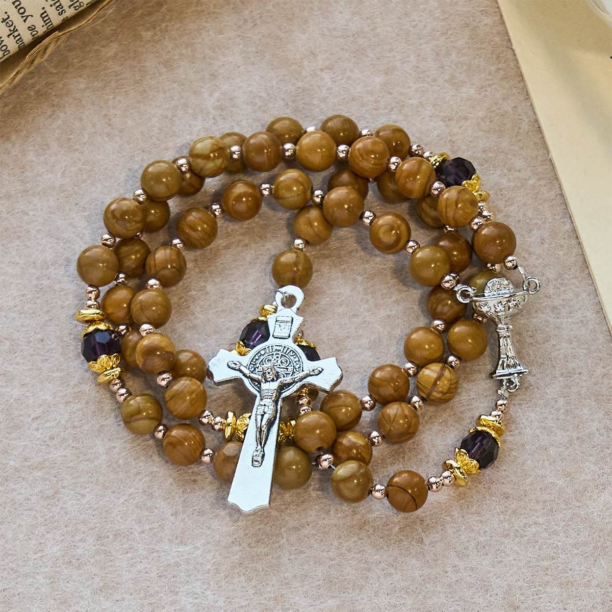 Natural Yellow Wood Grain Stone Rosary with Holy Grail Trijunction & Violet Accent