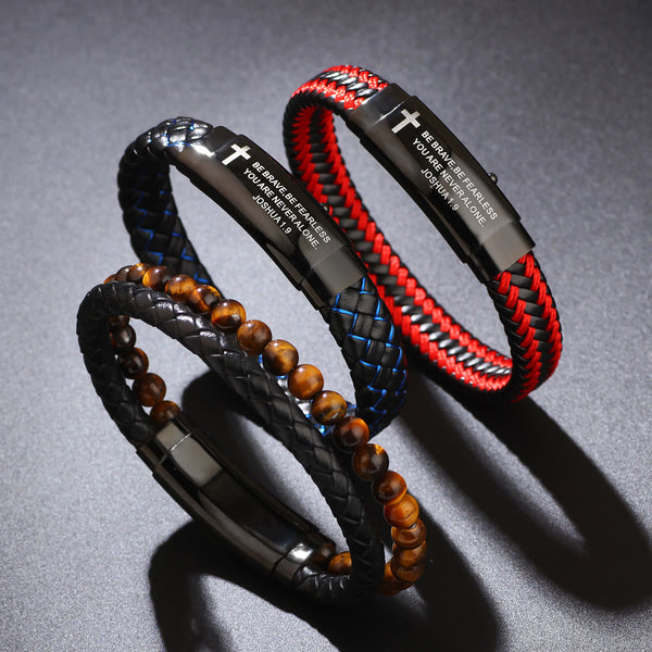 Joshua 1:9 Woven Leather Cross Bracelet: Bold Courage for Daily Wear