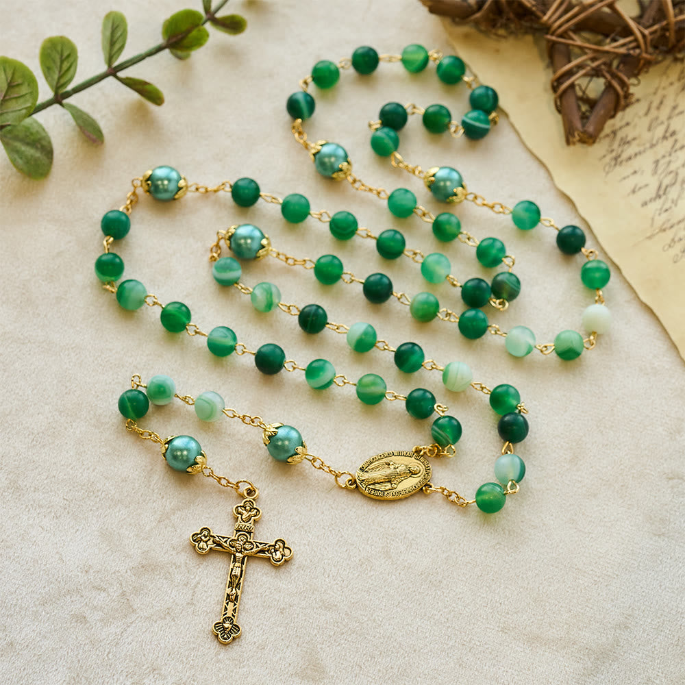 Miraculous Medal & Crucifix of 6 mm Round Green Crystal Alloy Chain Rosary