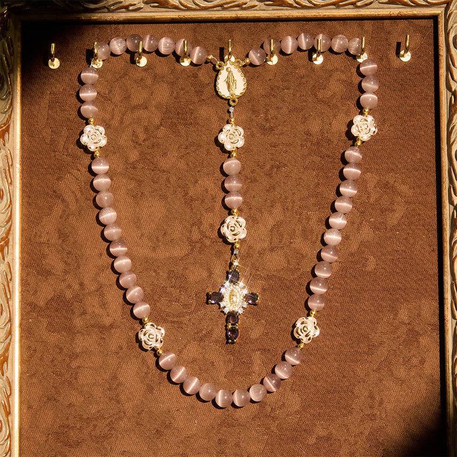 Cat's Eye & Rose Devotion Rosary in Lavender & Pink: Holy Mother Centerpiece for Gentle Prayer