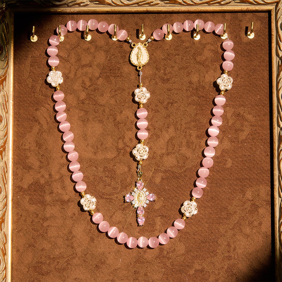 Soft Pink Cat's Eye Rosary with White Rose Beads and Holy Mother Emblem