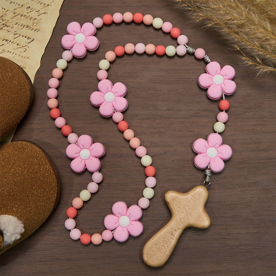 Colorful Children Rosary Beads Set: Soft Silicone Flowers in Pink Purple Blue for First Prayer