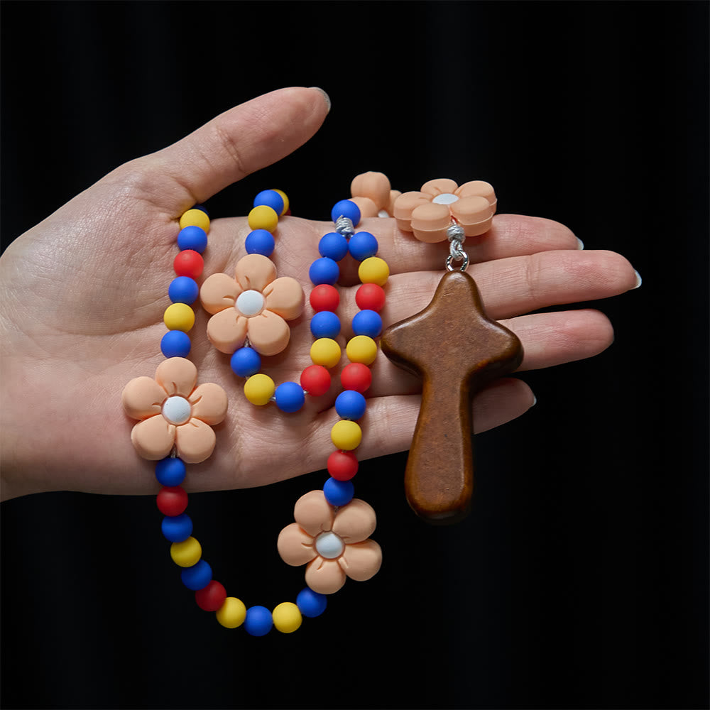 Kids Rosary with Soft Silicone Flowers: Fun Flower Design with Red Yellow Blue Palette