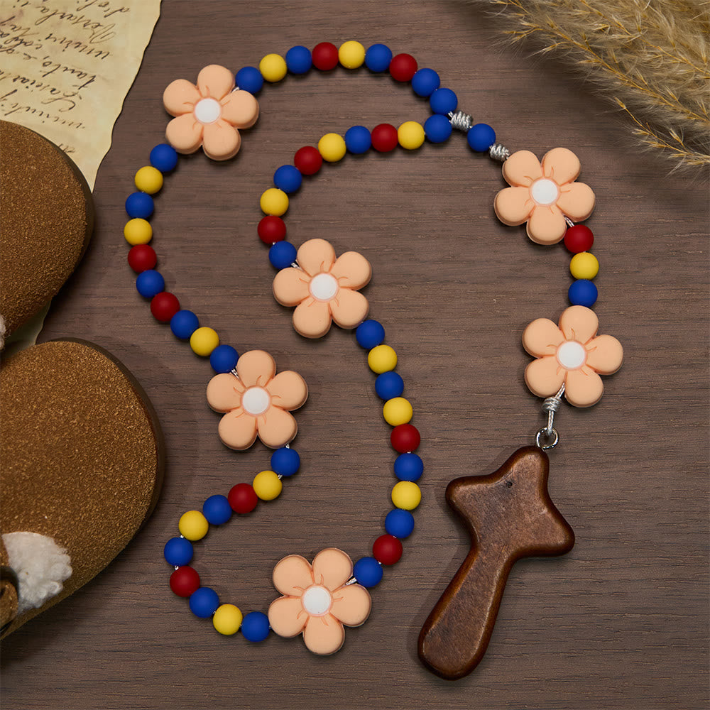 Kids Rosary with Soft Silicone Flowers: Fun Flower Design with Red Yellow Blue Palette