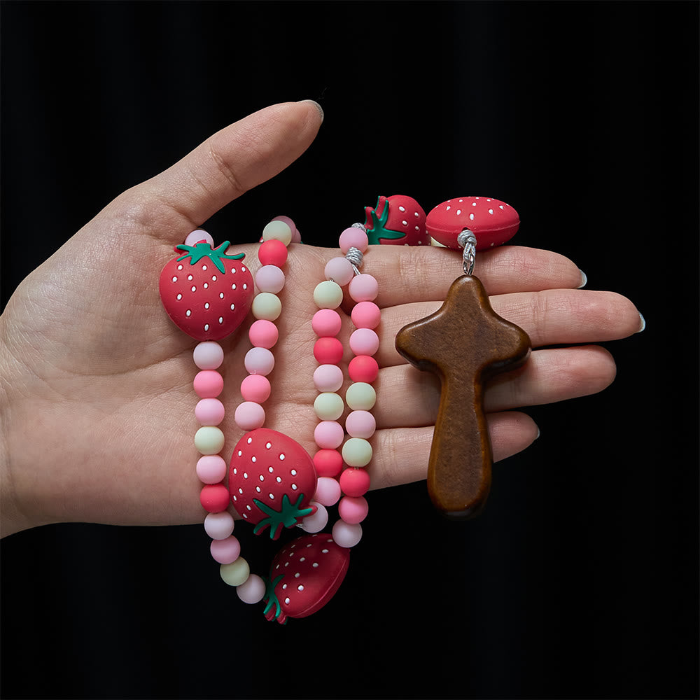 Strawberry Sweet Kids Rosary: Soft Berries & Pink White Beads for Young Believers