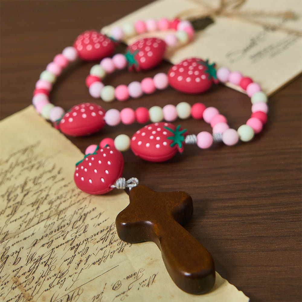 Strawberry Sweet Kids Rosary: Soft Berries & Pink White Beads for Young Believers
