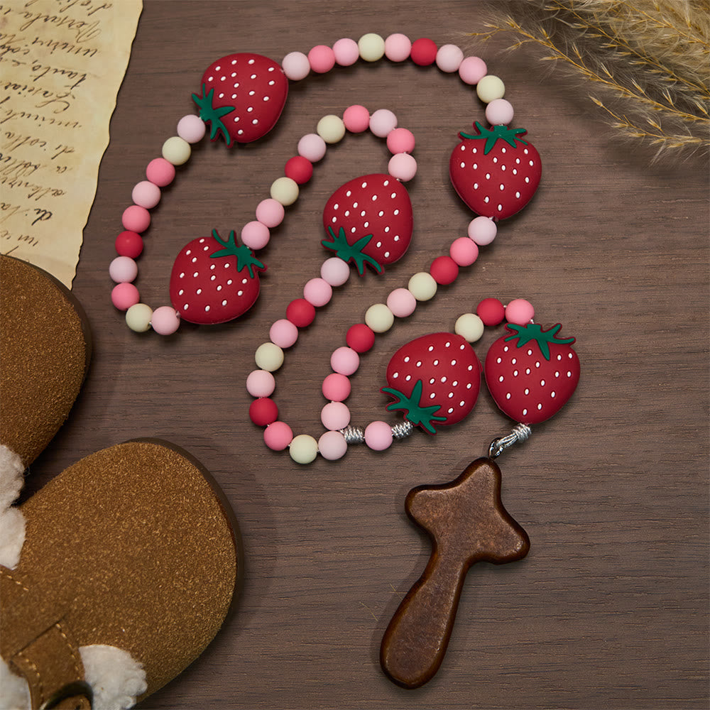 Strawberry Sweet Kids Rosary: Soft Berries & Pink White Beads for Young Believers