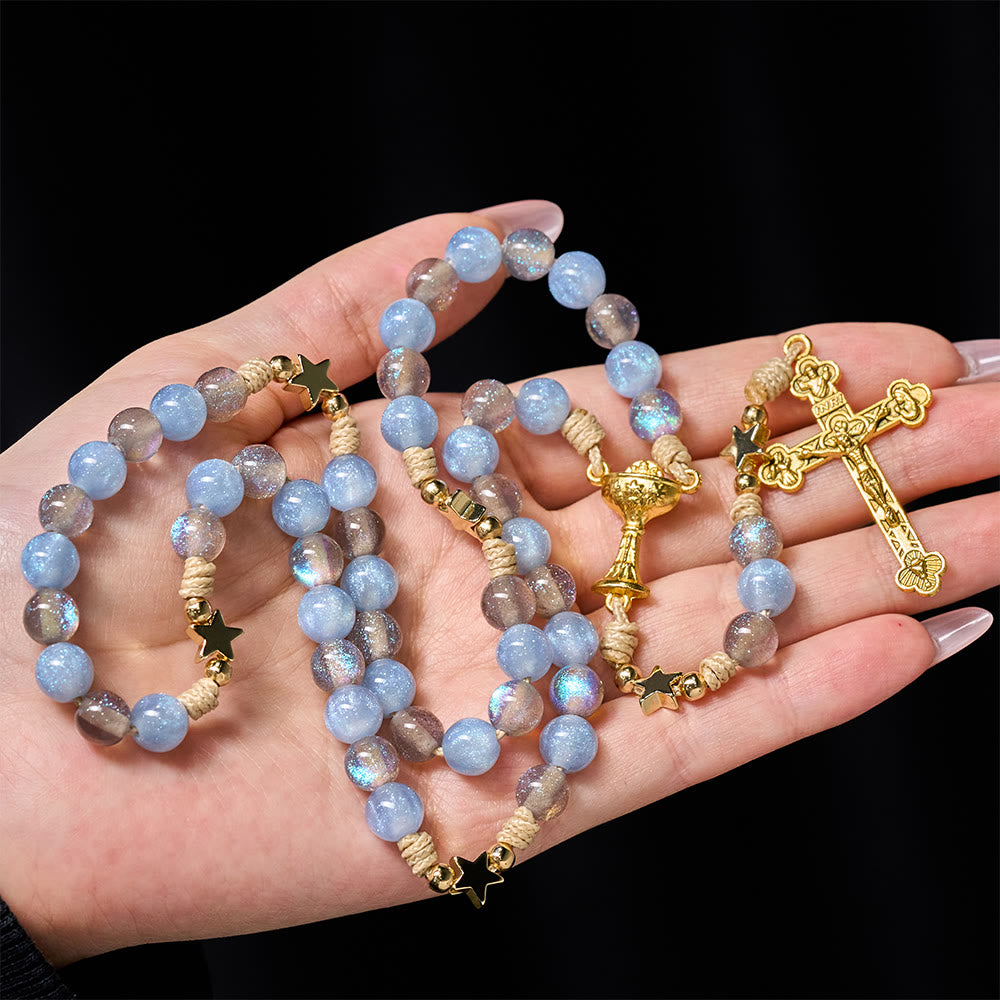 Starry Blue & Gray Holy Grail Rosary: Luminous Grace in Prayer