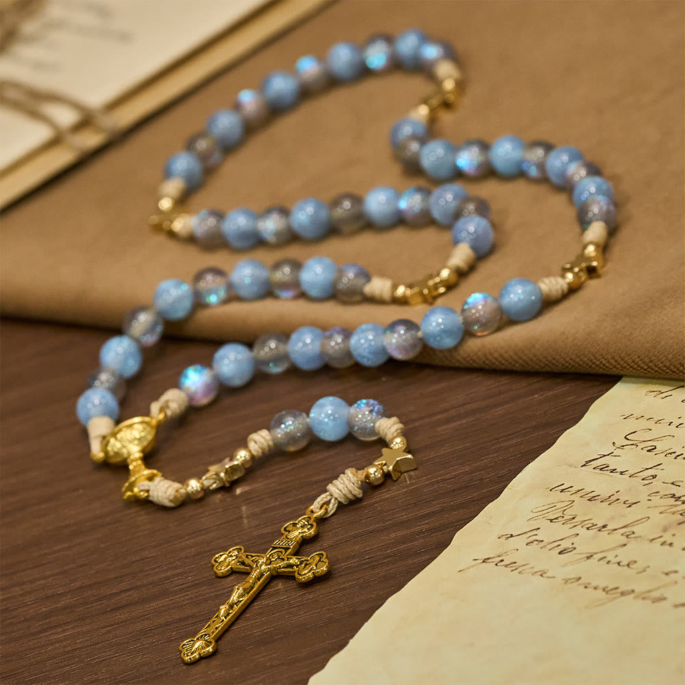 Starry Blue & Gray Holy Grail Rosary: Luminous Grace in Prayer