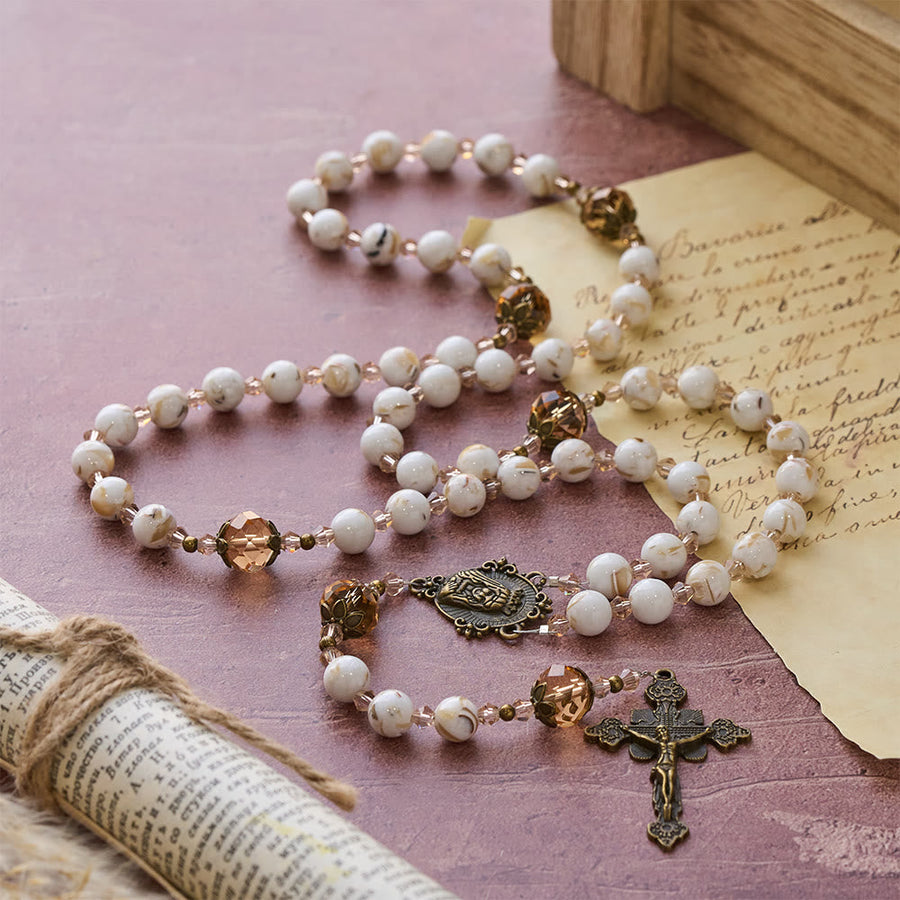 Calm White Shell Turquoise & Champagne Accents Detailed Rosary: Hold His Peace Close