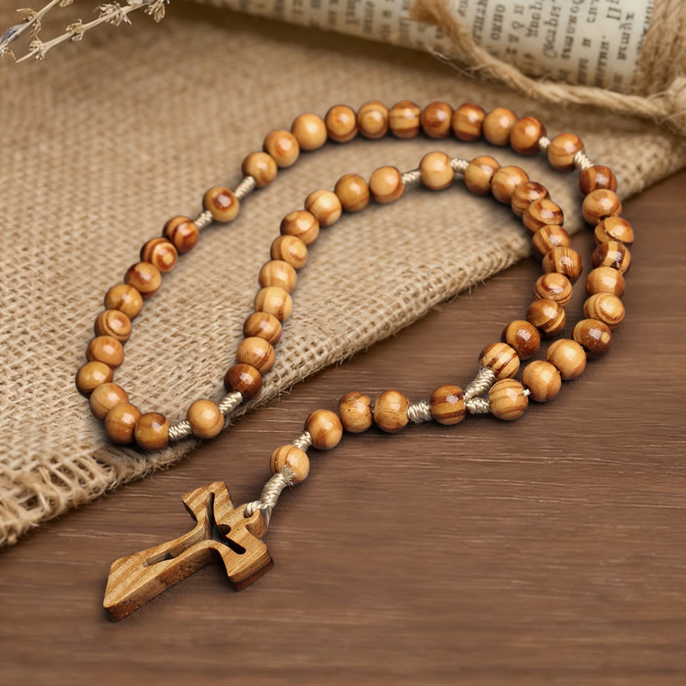 Natural Wood Bead Rosary with Hand-Carved Crucifix: Embody His Gentle Grace